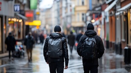 Fototapeta premium Two individuals with backpacks walk down a rain-soaked city street, their backs to the camera, showcasing a blurred urban background. : Generative AI