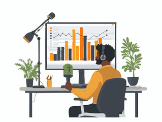  full-shot of a a person hosting a podcast speaking into a professional microphone,2