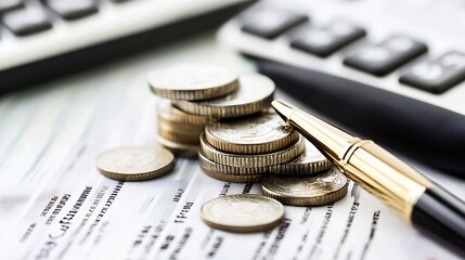 Close-up view of coins stacked on a document near a calculator and a gold pen, suggesting financial planning or accounting. : Generative AI