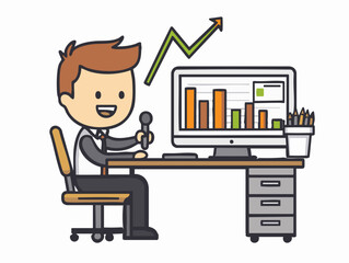  full-shot of a a person hosting a webinar sitting at a desk with a microphone and camera,1