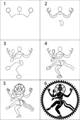 step-by-step illustration of how to draw Nataraja. The iconographic image of Shiva in Hinduism. A symbolic image, the king of dance. Vector image, simple image for beginners, tutorial.
