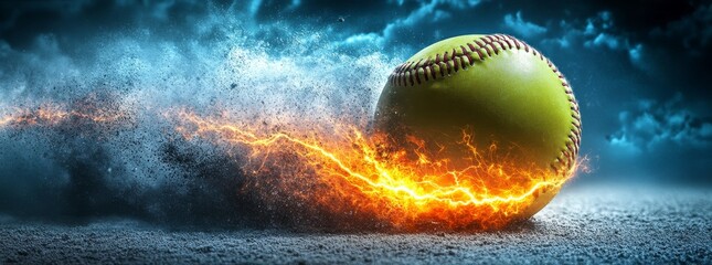A dynamic, magic leather baseball ball is encapsulated in a swirling, colorful explosion of fire and kinetic energy, epitomizing superior sports performance, accompanied by a banner that includes