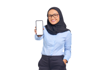 Portrait of smiling young Asian woman showing blank screen mobile phone isolated on transparent background