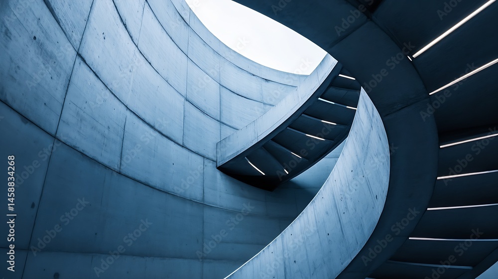 Poster Abstract architectural image showcasing a curving concrete staircase with integrated lighting, creating a modern and minimalist design aesthetic. : Generative AI