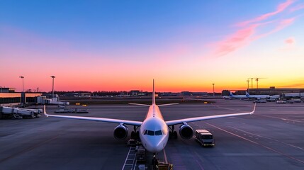 Airplane at sunset on airport tarmac, passenger jet parked at gate with jet bridge and ground support vehicles visible, beautiful twilight sky colors. : Generative AI
