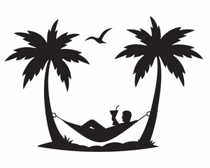 Tropical Escape: A silhouetted individual finds relaxation and enjoyment while lounging in a hammock strung between two palm trees, cocktail in hand, under a peaceful sky.