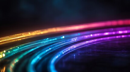 Abstract glowing fiber optic cables, vibrant neon colors, curved lines, dark background. Perfect for technology, connectivity, or futuristic themes. : Generative AI