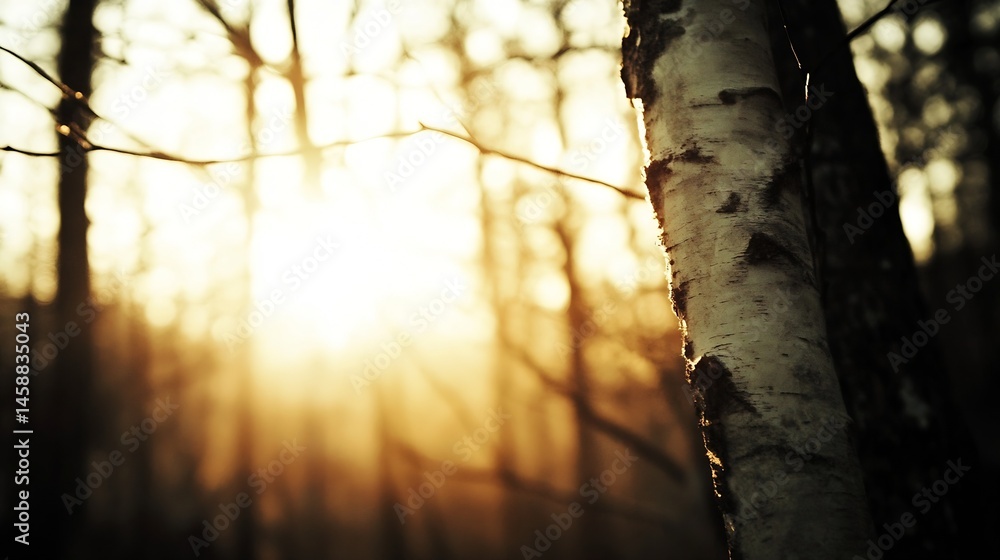 Leinwandbilder golden sunset light filtering through a birch tree forest, illuminating the textured bark and creati
