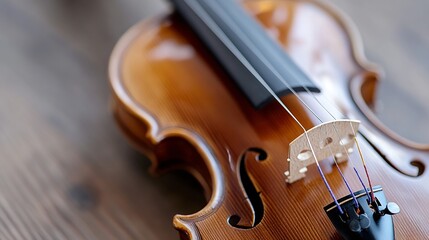 Close-up view of a violin's bridge, strings, and f-holes, showcasing the instrument's intricate details and craftsmanship on a wooden surface. : Generative AI