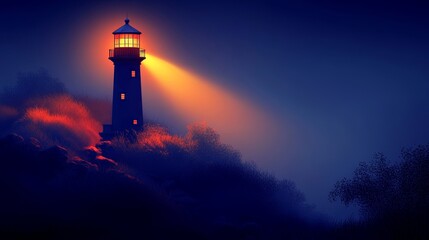 A lighthouse situated on a cliff features a minimalist design, with its light beam softly illuminating the sea