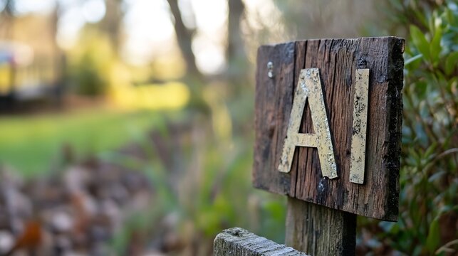 Close-up of a weathered wooden signpost displaying the letter 'A' in aged metallic lettering, set against a blurred natural backdrop of green foliage and a sunlit grassy area. : Generative AI