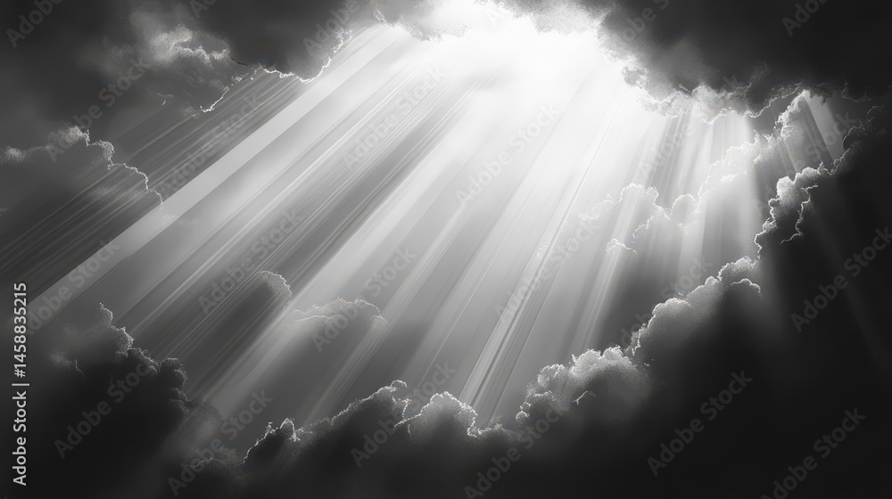 Poster a clean and sharp vector of sun rays breaking through a cloudy sky, each beam highlighted with gradi