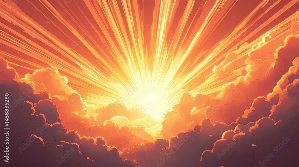 Poster a clean and sharp vector of sun rays breaking through a cloudy sky, each beam highlighted with gradi
