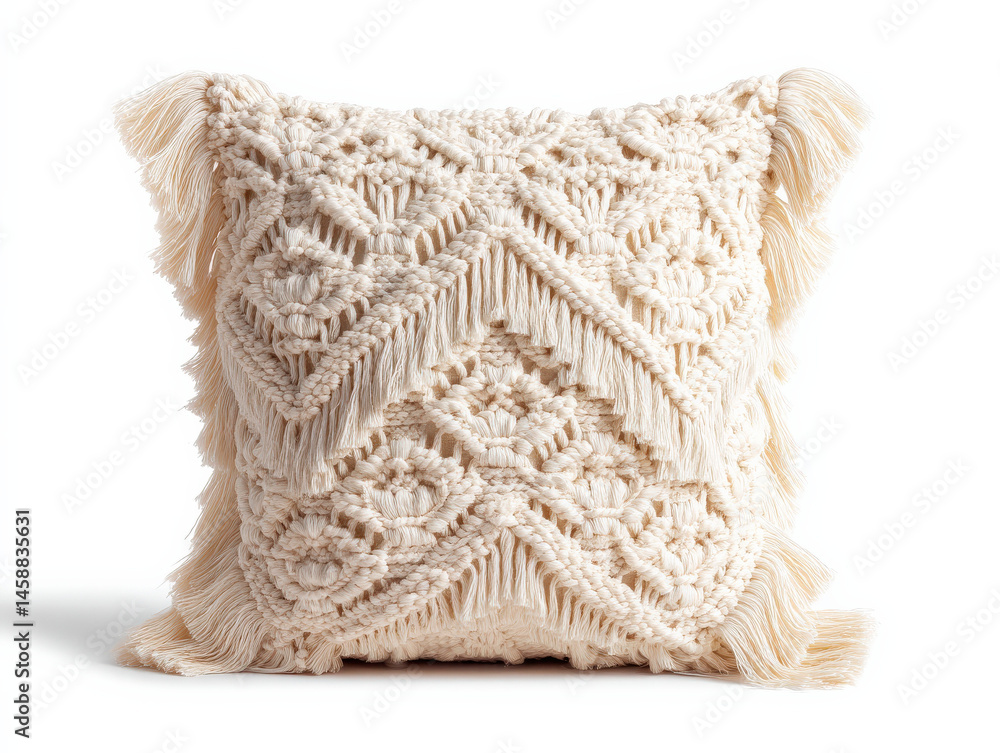Fototapete cream-colored macrame pillow with intricate geometric patterns and fringed edges, perfect for bohemi