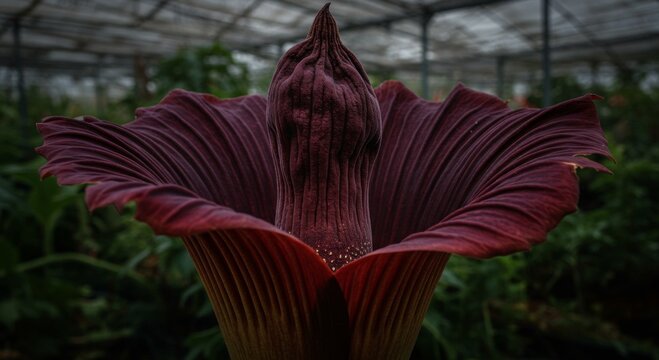Dark Red Titan Arum Flower in Greenhouse