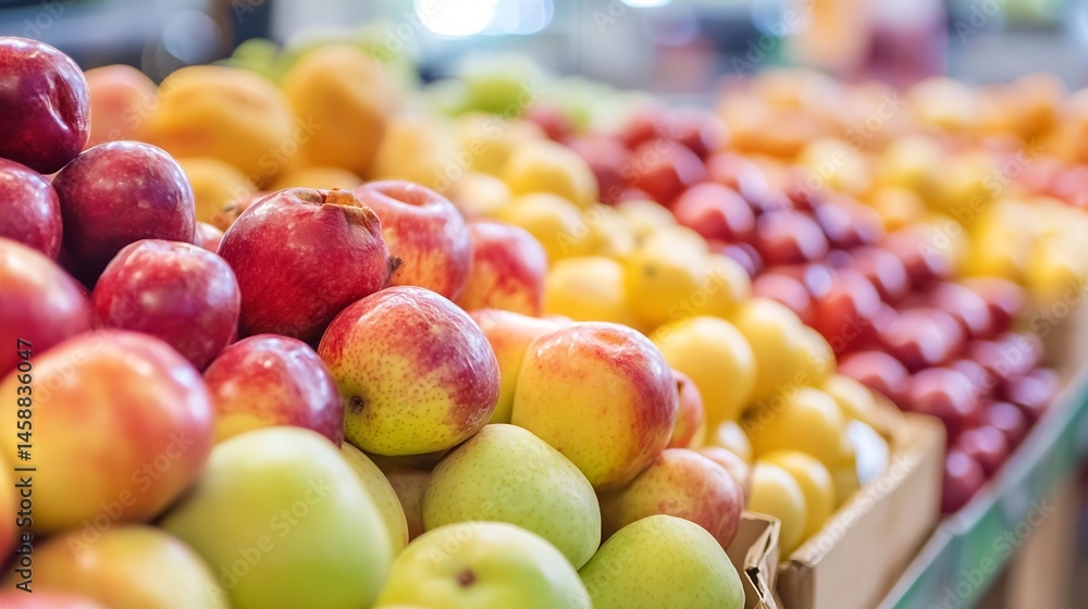 Poster a vibrant display of fresh apples and peaches at a local market, showcasing a variety of colors and 