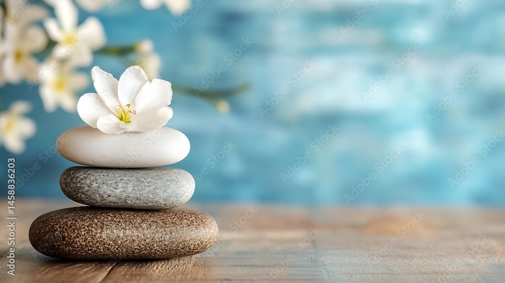 Poster serene spa scene: a white flower rests atop a balanced stack of three smooth stones, set against a t