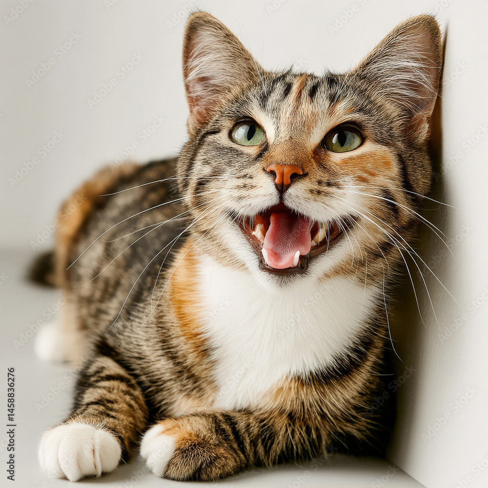 Poster adorable calico cat with open mouth, showing teeth and pink tongue, lying down on a light gray surfa