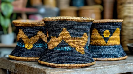 Woven vessels with decorative pattern, tabletop display