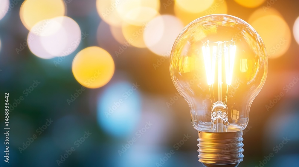 Poster Close-up of a glowing lightbulb against a bokeh background of warm and cool colors, symbolizing ideas, innovation, and inspiration. : Generative AI