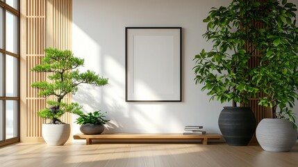 Contemporary Japanese reading corner, low seat next to a white wall with central white picture frame, soft warm daylight, no books or clutter, smooth white plaster, airy and calm feeling
