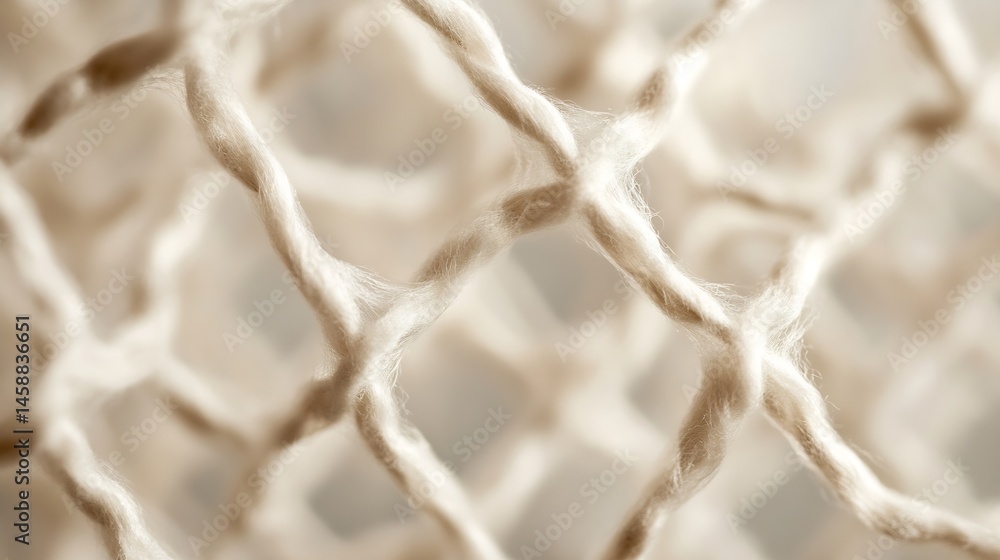 Poster close-up view of a beige, textured, woven fiber mesh, showcasing intricate details and soft, fluffy 