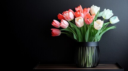 A bouquet of tulips in a dark vase against a black backdrop.