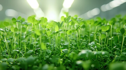 Young green seedlings under bright artificial lighting