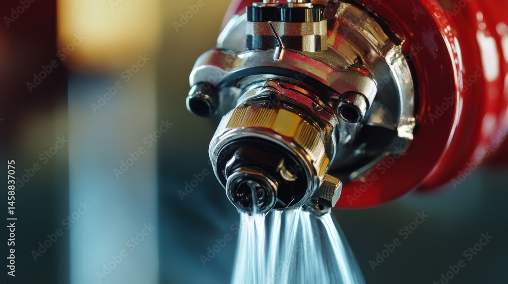 Poster a close-up of a fire sprinkler head, showing the intricate design and trigger mechanism that activat