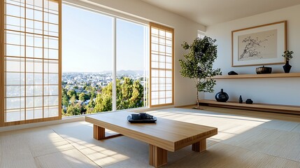 Minimal modern Japanese room with tatami flooring, low wooden bench under a wide white frame, simple beige wall textures, neutral palette, large window letting in soft morning light, no objects