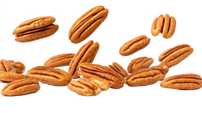 Delicious Pecan Nuts Falling on White Background