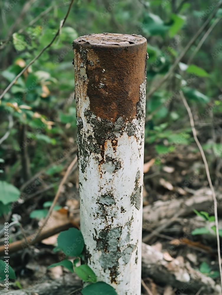 Aufkleber close-up view of a weathered, rusty metal post, showing peeling white paint and significant rust dis