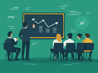  full-shot of a a person writing on a chalkboard during a business training session explaining complex concepts,2