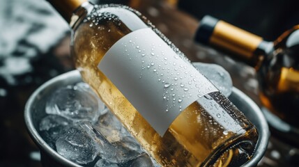 Chilled white wine bottle in ice bucket perfect for summer blank label elegant refreshing cool crisp