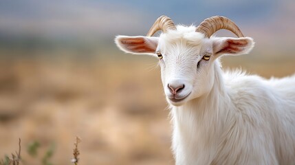 Fototapeta premium Portrait of a young, white goat with curved horns, standing in a blurred, golden-brown field. The goat's fur is fluffy and its eyes are a striking amber color. : Generative AI