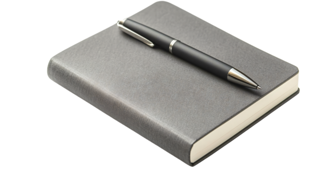 Elegant Grey Notebook and Pen on White Background