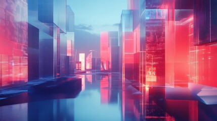 Obraz premium Neon Cityscape Reflection: A Futuristic Metropolis at Dusk