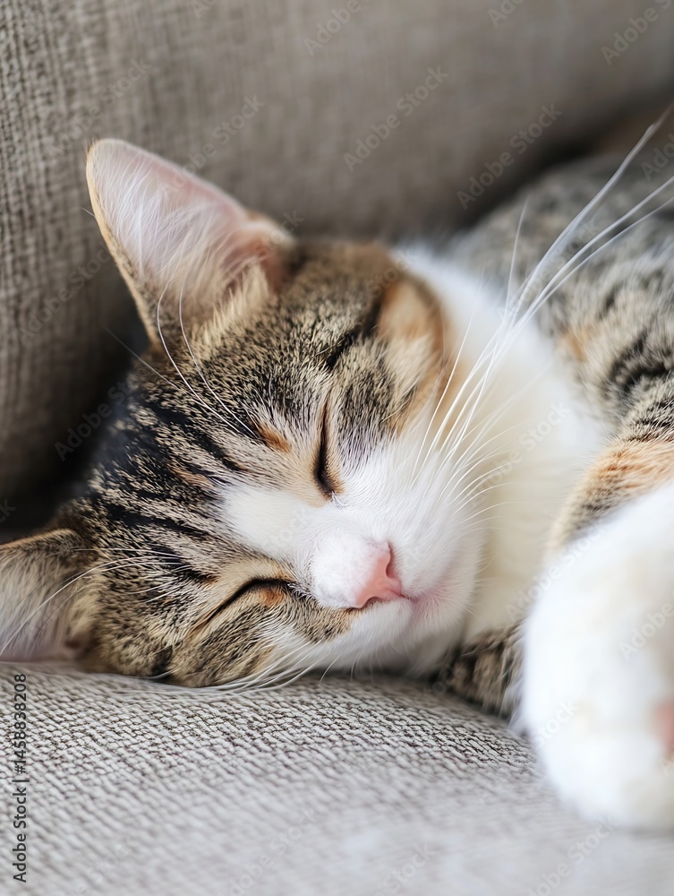 Poster close-up of a tabby cat peacefully sleeping on a beige fabric couch, showcasing its soft fur and rel