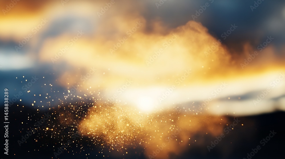 Fototapete golden dust particles floating in a dramatic sunset sky, abstract background image with warm tones a