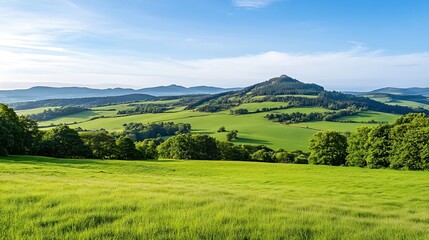 Obraz premium Serene landscape of rolling green hills and a majestic hilltop forest under a bright blue sky, showcasing the beauty of nature's vibrant colors and tranquil atmosphere. : Generative AI