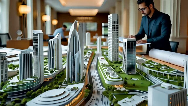 Architect Working on Futuristic City Model in Office