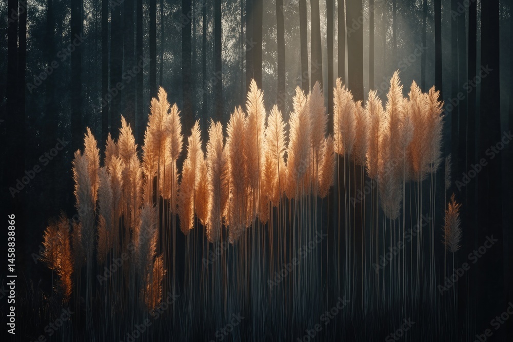 Poster golden pampas grass illuminated by sunlight in a dark forest creating a mystical and serene atmosphe