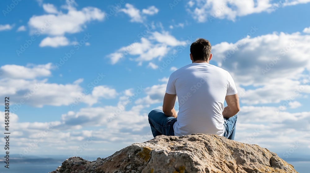 Poster a man sits on a rock, gazing at a vast, blue sky dotted with fluffy white clouds, enjoying the seren