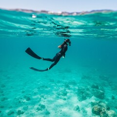 Woman Freediving in Turquoise Ocean Water
