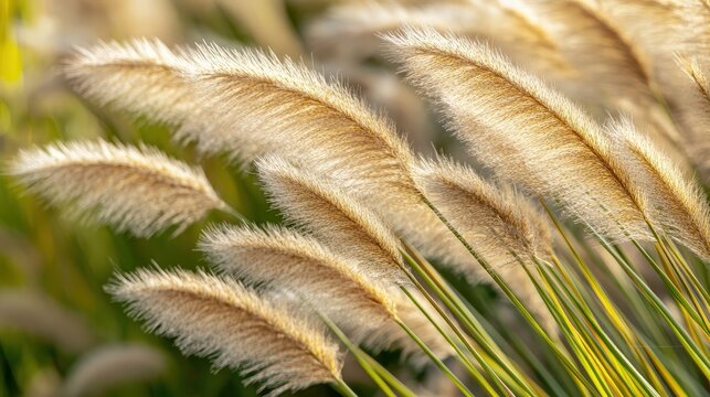 A close-up top view of grass blades swaying gently, their tips reaching toward the sunlight.