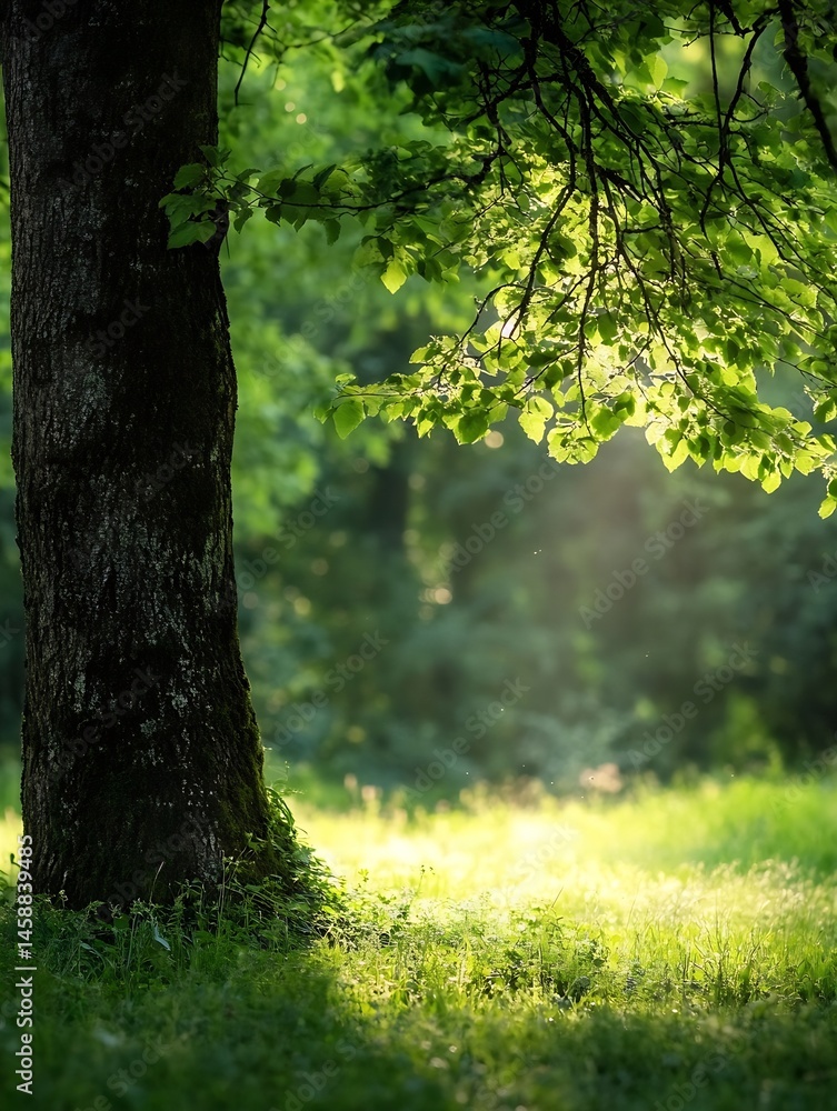 Poster sunlight filters through lush green leaves of a tree, illuminating the base and surrounding grass in