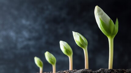 Obraz premium Five young sprouts emerge from dark soil, their delicate white and green buds reaching towards unseen light, symbolizing growth, nature, and new beginnings. : Generative AI