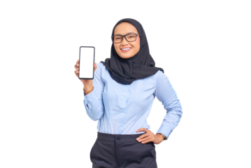 Portrait of smiling young Asian woman showing blank screen mobile phone isolated on transparent background