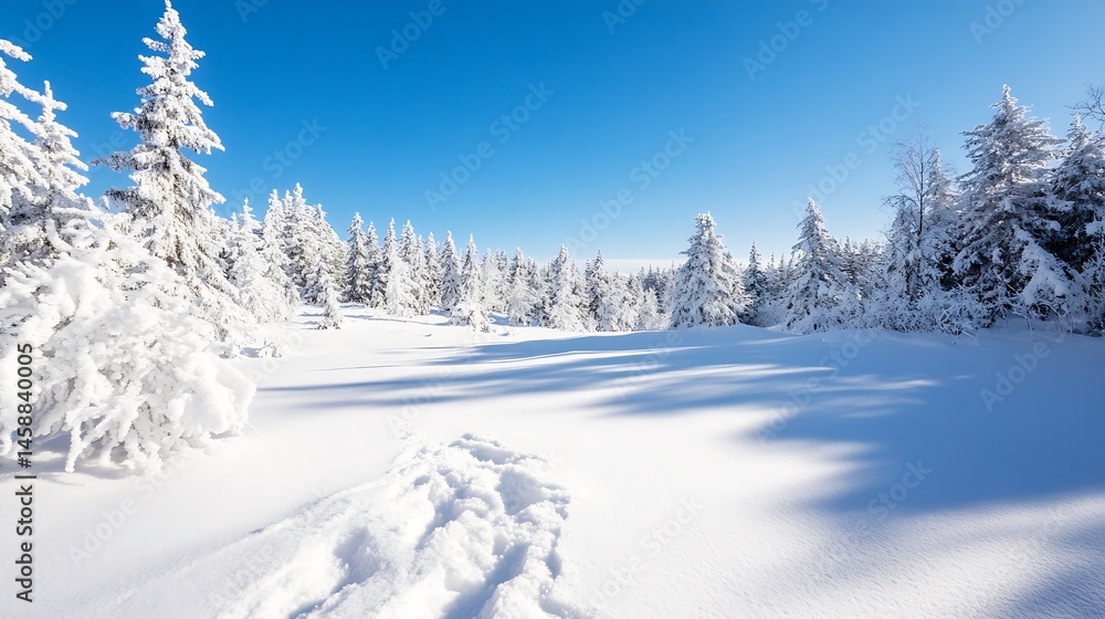 Aufkleber a snowy winter landscape featuring snow-covered evergreen trees and a footpath through a pristine fi