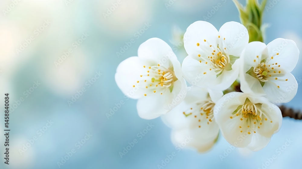 Aufkleber close-up of delicate white cherry blossoms, showcasing their intricate details against a soft blue, 